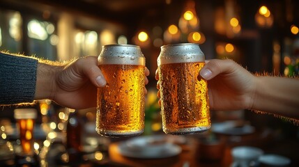 Two hands meet in a toast, raising chilled beer cans in a cozy pub setting, illuminated softly