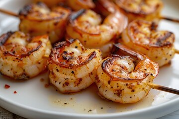 A plate of succulent grilled shrimp skewers on a stick, perfect for outdoor parties or BBQs
