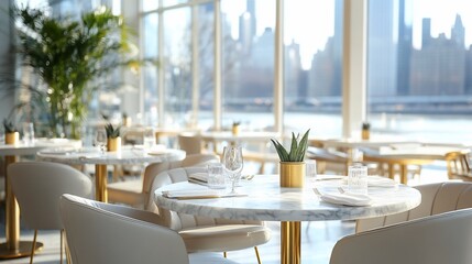 Modern restaurant interior with city view.