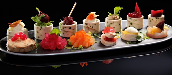 Elegant display of gourmet cold appetizers on a black platter showcasing a variety of colors and textures for fine dining presentation