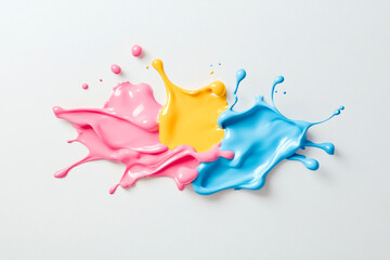 Colorful paint splashes create vibrant and dynamic composition, showcasing pink, yellow, and blue hues. lively arrangement evokes creativity and artistic expression