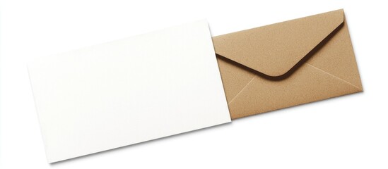 Blank white card with a kraft paper envelope for invitations or personalized notes in stationery design background concept.