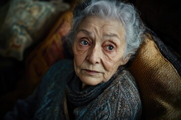 An elderly lady sits comfortably in a chair, wrapped in a scarf around her neck
