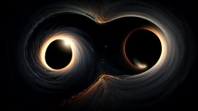 two black holes interacting with each other in space. The dark circle in the center represents the event horizon of each black hole, surrounded by glowing gas that appears distorted by the effects  - Powered by Adobe