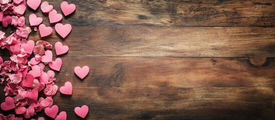 Valentine's Day craft backdrop with pink hearts on wooden surface for postcards and well wishes flat lay empty space for text