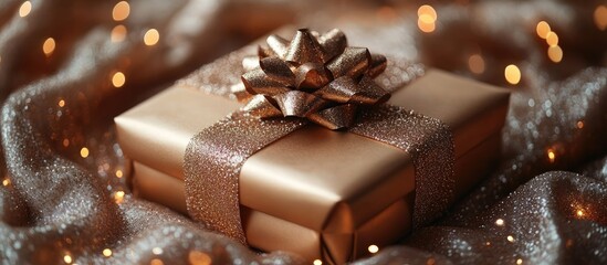 Elegant gift box adorned with golden ribbon on a luxurious silk background illuminated by sparkling lights and festive atmosphere