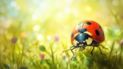 A ladybug sits on the surface of a lush green field