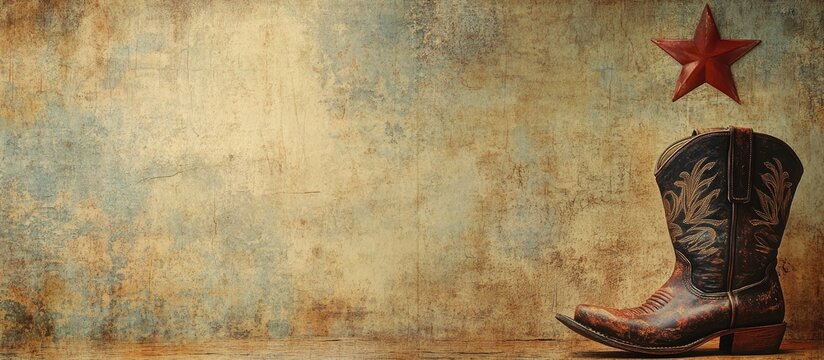 Cowboy backdrop with vintage paper texture showcasing a western boot and star ideal for rustic themed designs and text placement.