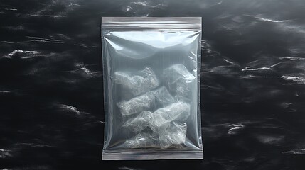 Crystalline substances are neatly packaged in a transparent bag resting on a sleek black background