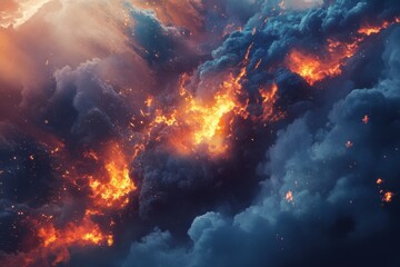 Fototapeta premium A massive cloud of fire and smoke fills the sky, revealing bright embers and fierce blaze action in the background