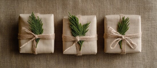 Minimalist Christmas gifts wrapped in eco-friendly fabric with natural greenery on burlap backdrop promoting zero waste decorations