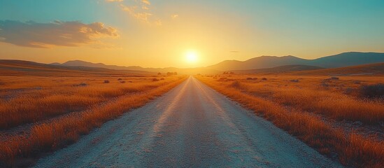 Naklejka premium Desert road stretching towards a vibrant sunset with golden grasslands and mountains in the background creating a serene landscape view.