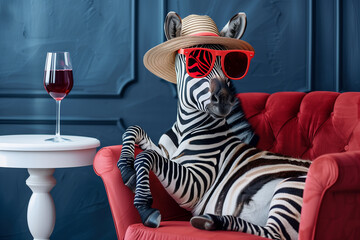 Stylish zebra lounging in a red chair with hat and sunglasses. AI Generated