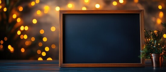 Wooden letter board backdrop with bokeh lights and festive decorations for personalized messaging copy space in a horizontal layout