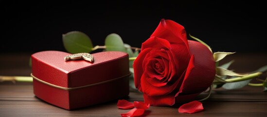 Fototapeta premium Red rose and heart-shaped gift box symbolizing love and romance on a dark background perfect for Valentine's Day or anniversary themes.