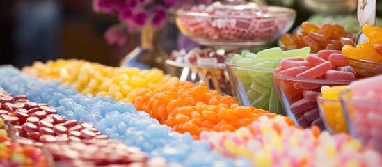 Vibrant assortment of colorful candies and sugary delights displayed at a festive market event