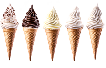 Delicious varieties of soft serve ice cream cones isolate on transparent background, cutout, png