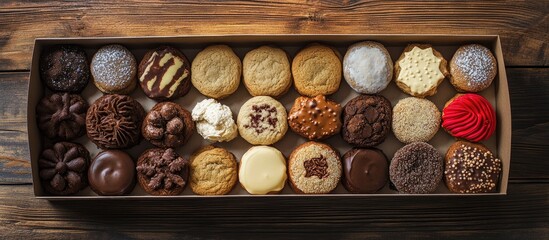Assorted gingerbread cookies beautifully displayed in a box on rustic wooden background for festive holiday celebrations and baking themes