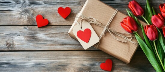 Gift box with red tulips heart-shaped decorations and tag on rustic wooden table for Valentine's Day or special occasion celebrations