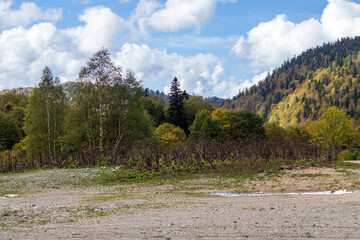 autumn morning walks in the nature park with views of the mountains and forest