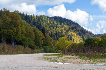 autumn morning walks in the nature park with views of the mountains and forest