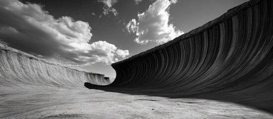 Wave Rock Formation in Black and White Dramatic Landscape with Curved Strata against a Cloudy Sky at Nature's Iconic Attraction