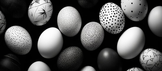 Elegant black and white decorated Easter eggs showcasing intricate patterns and designs on a dark background for festive decoration.