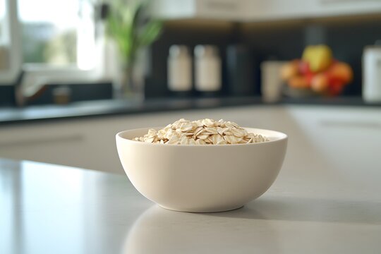 Healthy dry rolled oats in a white bowl on a bright kitchen counter, ready for breakfast