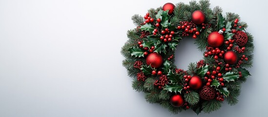 Festive Christmas wreath adorned with holly berries and red baubles on a white backdrop Minimalist design overhead view with text space