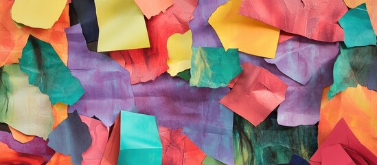 Naklejka premium Vibrant multicolored paper collage backdrop showcasing diverse color themes and textures for creative design and artistic projects