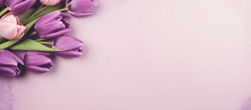 Empty card surrounded by vibrant purple tulips and soft pink roses on a gentle pastel background for elegant invitations or announcements