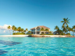 A stunning view of a luxury beachfront property on a tropical island, surrounded by crystal clear waters and palm trees, tropical, island