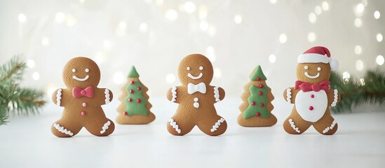 Fototapeta premium Gingerbread holiday decorations featuring cheerful characters and trees on a white background with festive bokeh lights and ample copy space