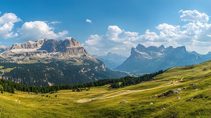 Fototapeta premium there is a view of a mountain range with a few cows grazing