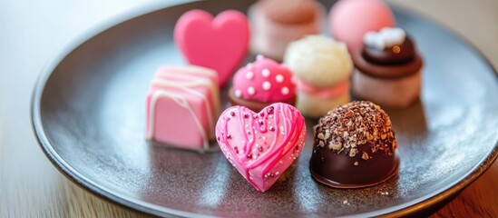 Fototapeta premium Assorted Petit Fours on a Plate for Valentine's Day Celebration in Soft Pastel Colors