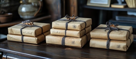 Festive wrapped gift boxes with hand lettering on recycled paper showcasing eco-friendly New Year decorations and creative calligraphy styles