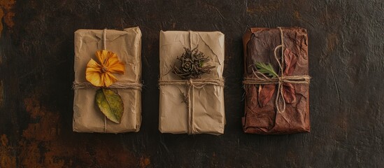 Eco-friendly gift wrapping with natural decorations showcasing a zero waste approach in a traditional handmade style viewed from above