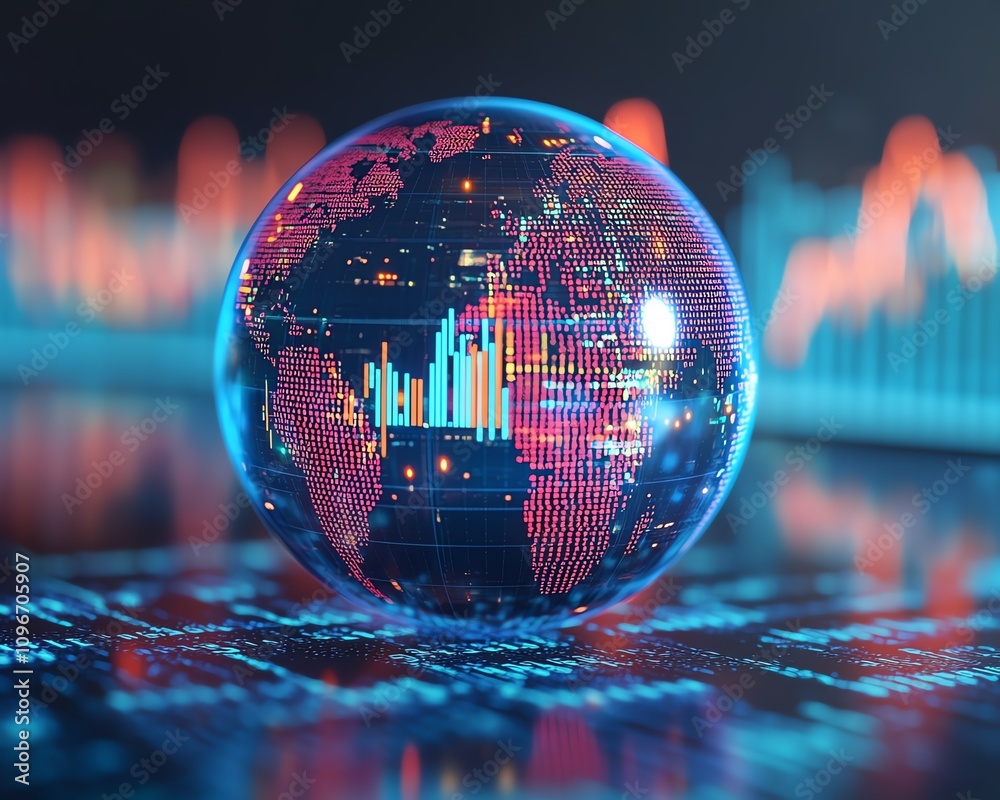 Poster 3D rendered digital globe with flowing binary code and financial graphs on a blue background, global finance and data concept