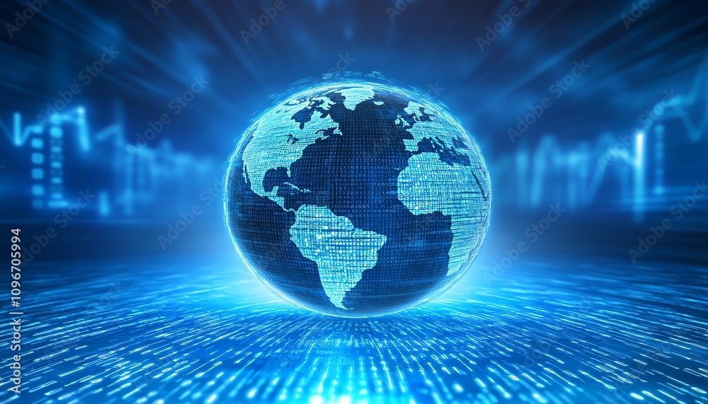 Poster 3D rendered digital globe with flowing binary code and financial graphs on a blue background, global finance and data concept