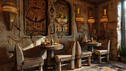 A cozy dining room with a small round sandstone table, cushioned chairs embroidered with Egyptian symbols, and golden wall sconces shaped like obelisks.