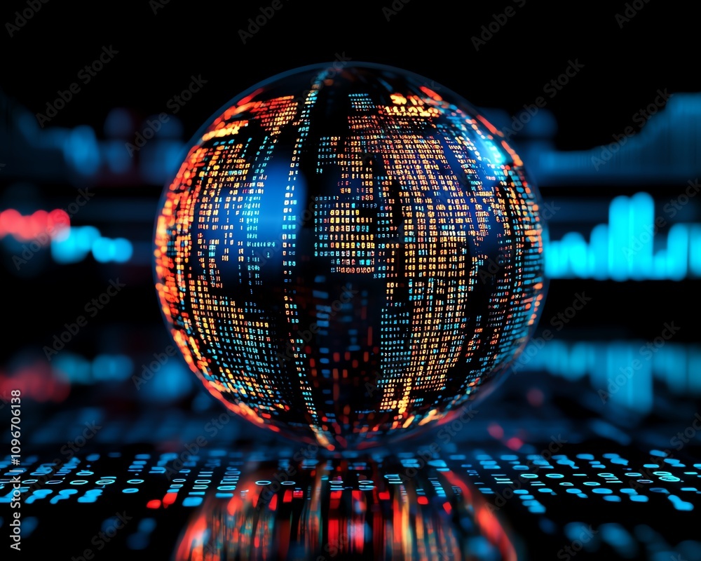 Poster 3D rendered digital globe with moving binary code and financial market graphs, blue background, representing global financial data