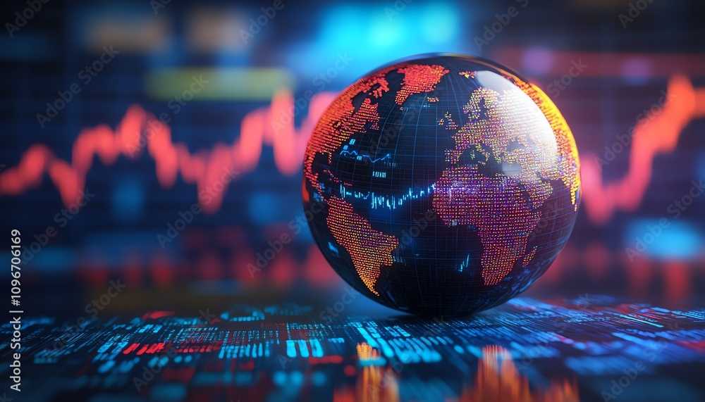 Aufkleber 3D rendered digital globe with flowing binary code and financial graphs on a blue background, global finance and data concept