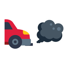 This vector illustration shows a red car emitting exhaust fumes, symbolizing air pollution from vehicles