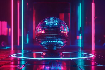 Disco ball casting vibrant light on a neon dance floor, energizing the atmosphere