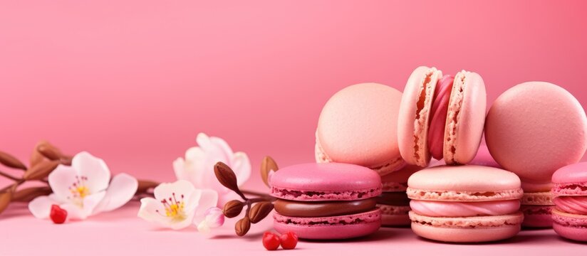 Elegant macaron display on a pink backdrop with floral accents ideal for upscale bakery branding and festive dessert presentations.