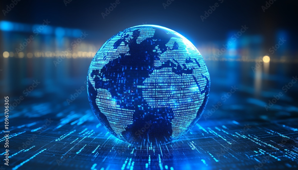 Poster 3D rendered digital globe with flowing binary code and financial graphs on a blue background, global finance and data concept