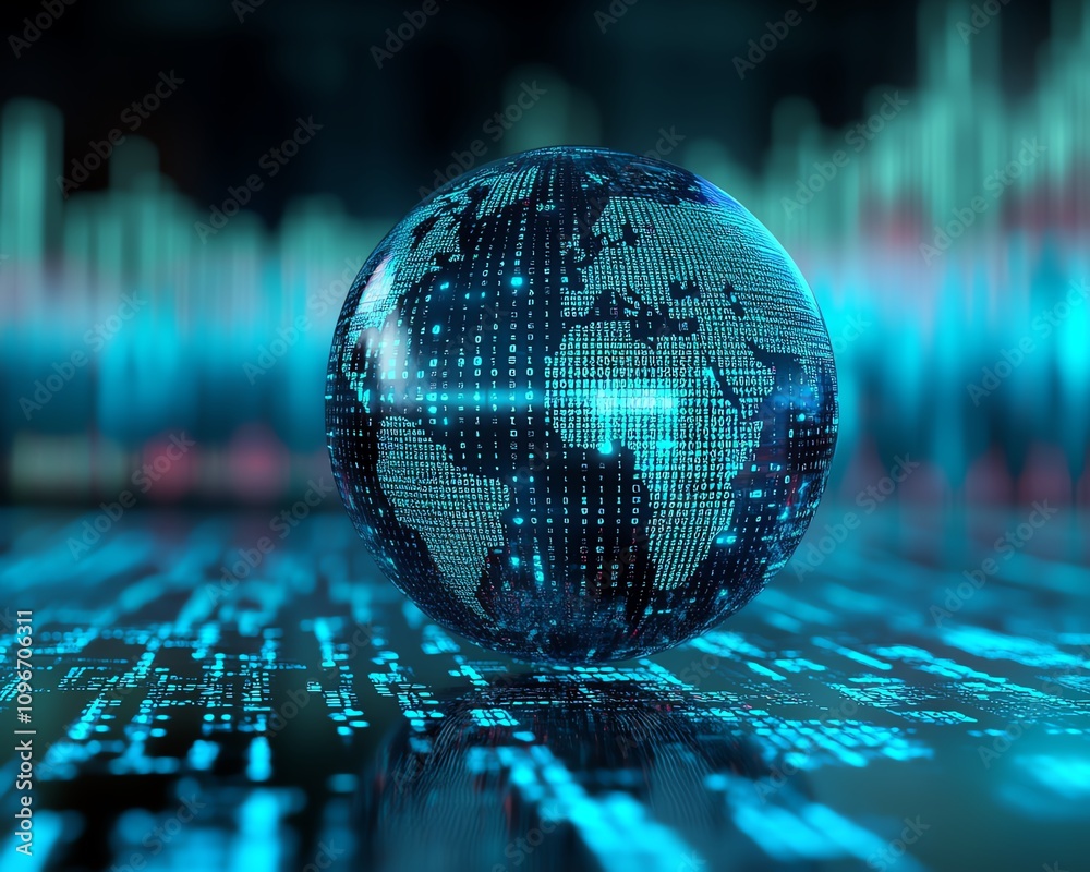 Poster 3d rendered digital globe with flowing binary code and financial graphs on a blue background, global