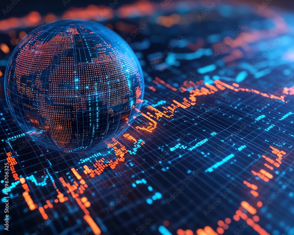 Leinwandbilder 3d rendered digital globe with moving binary code and financial market graphs, blue background, repr