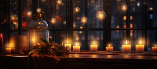 Obraz premium Cozy interior scene with illuminated candles and glowing bulbs creating a warm bokeh effect against a window backdrop at night.