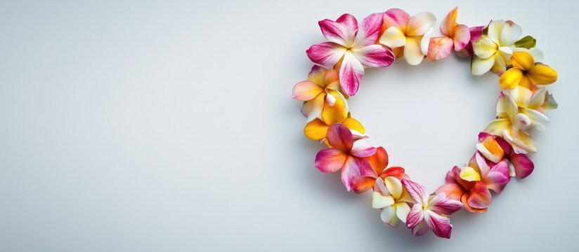 Hawaiian flower necklace arranged as a heart shape on a white background with space for text and vibrant colors for a festive design - Powered by Adobe